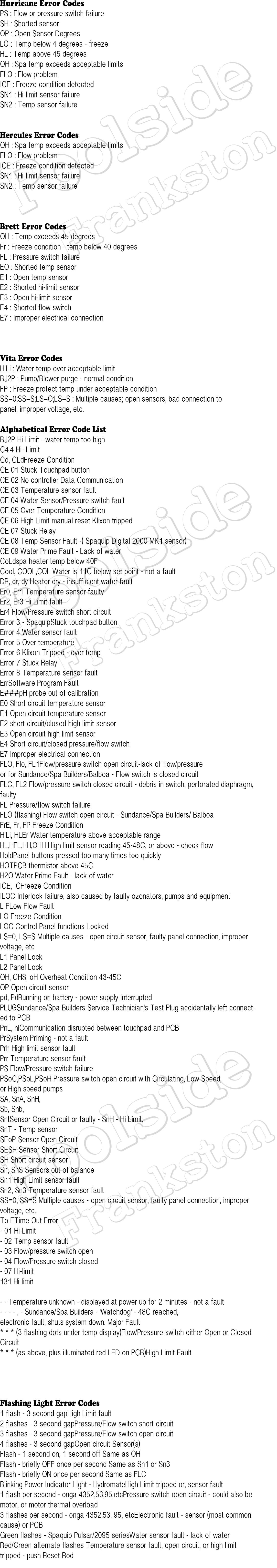 Spa Error Codes